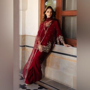 Pakistani Indian Maroon Embroidered Dress